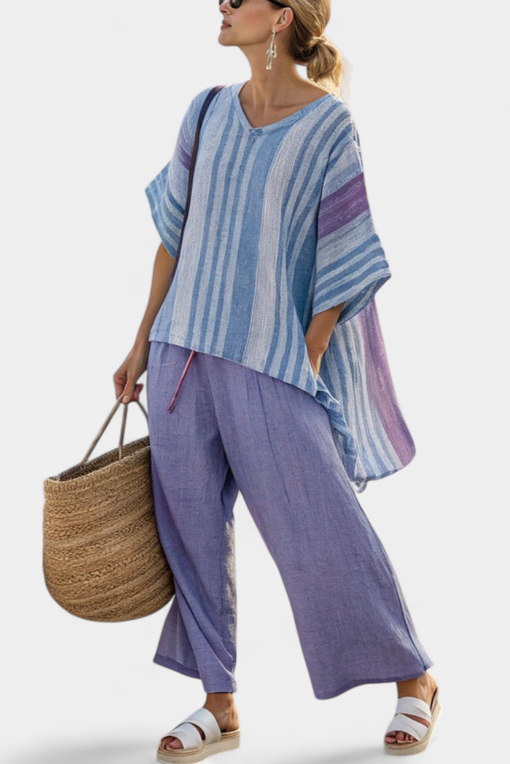 Zellora | Elegante Top Lavanda e Blu Cielo & Pantaloni in Lino