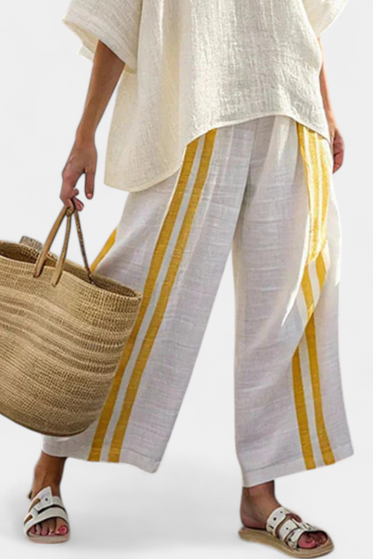 Anselor | Elegante Top in Lino a Righe Gialle e Pantaloni a Gamba Larga