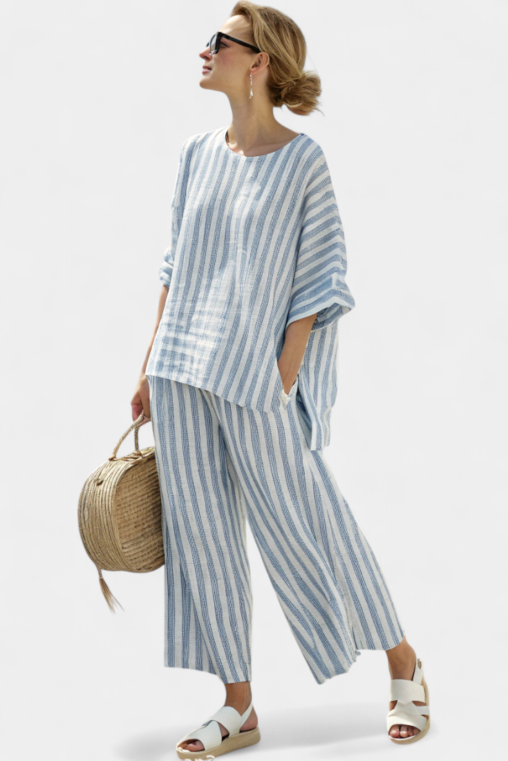 Rensleigh | Top in Lino a Righe Blu Sofisticato & Pantaloni Relaxed
