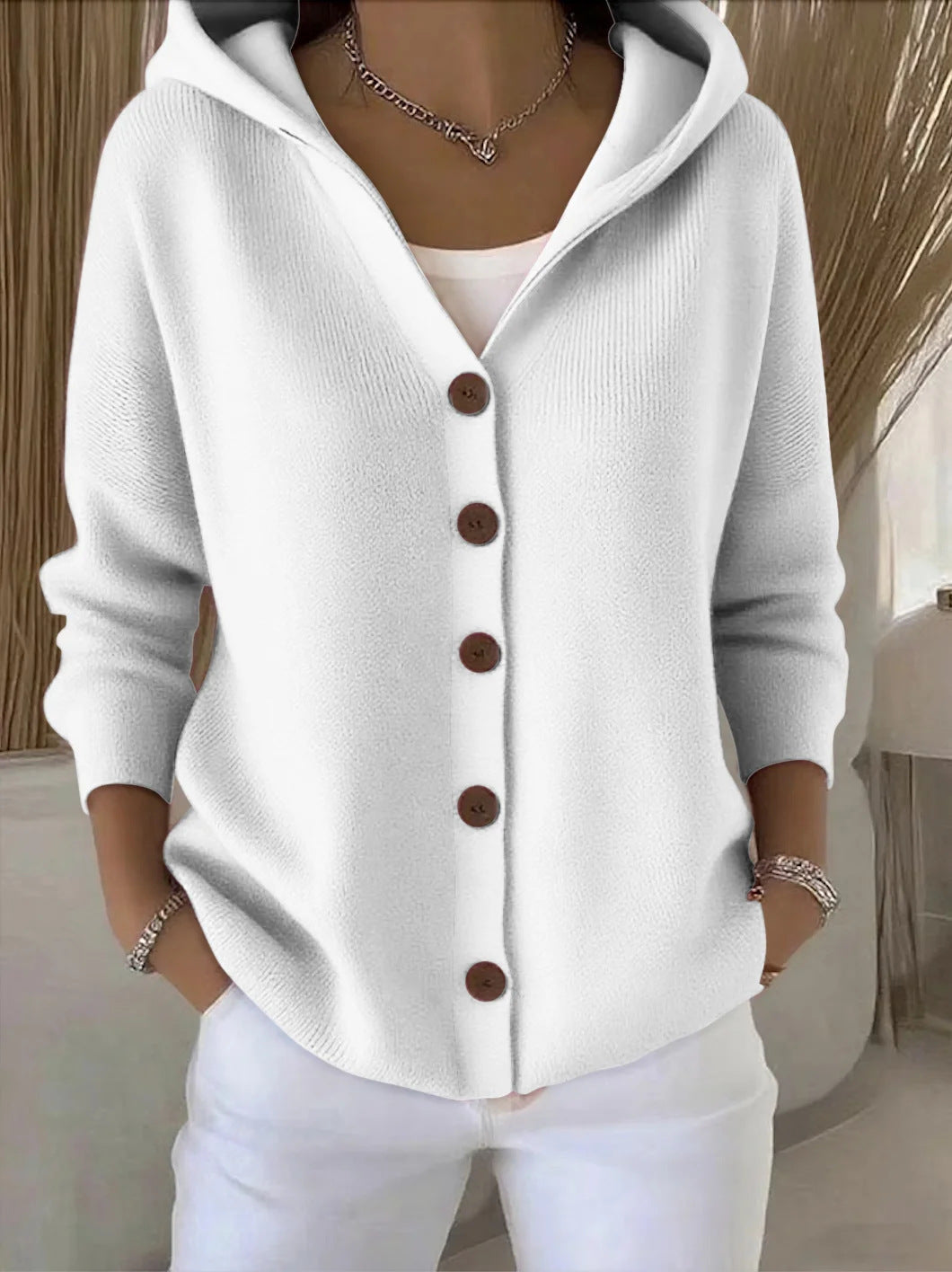Darienne | Cardigan a Maglia con Cappuccio e Bottoni