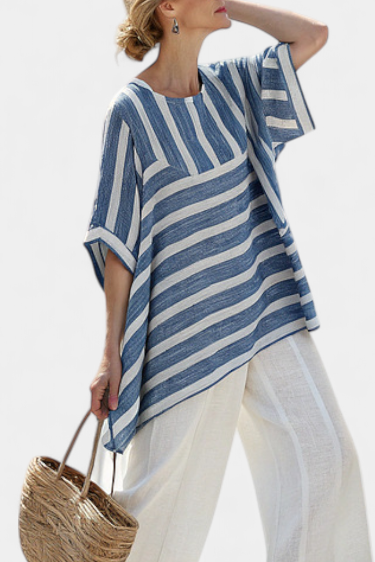 Corvielle | Top Blu Striato Sofisticato & Pantaloni con Dettagli al Fondo