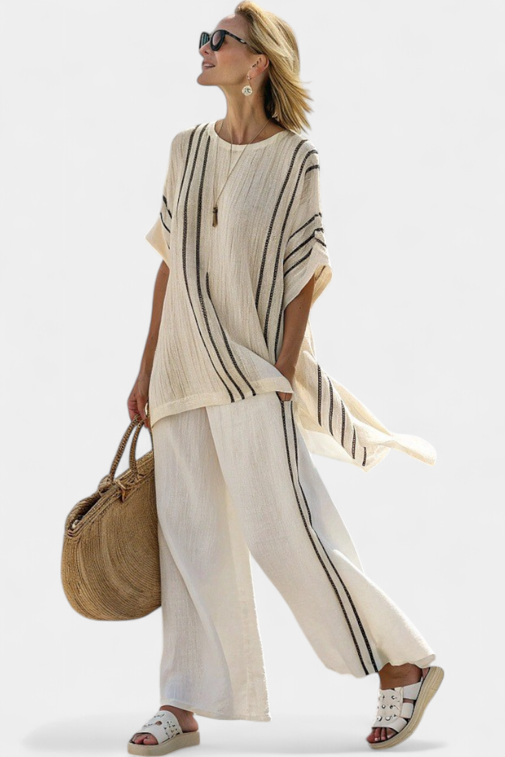 Greysen | Elegante Blusa in Lino Avorio e Pantaloni a Righe Nere
