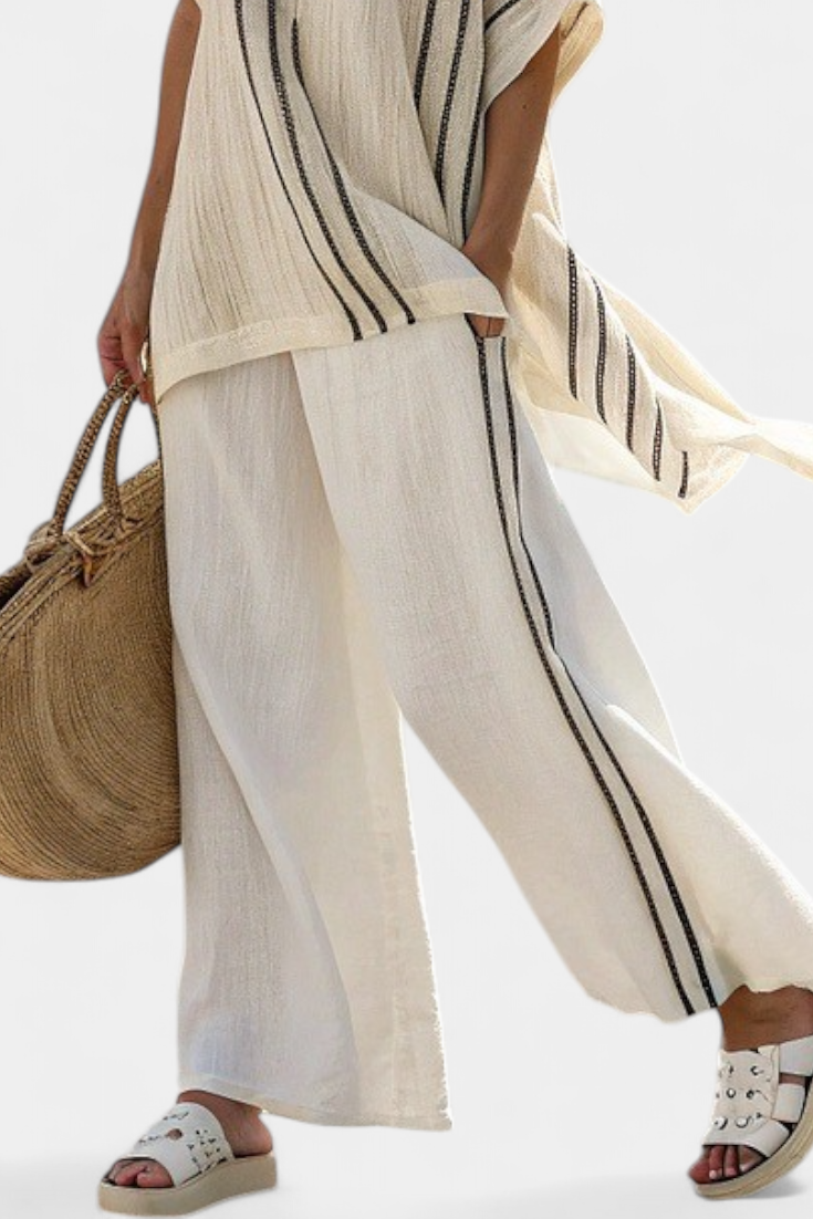Greysen | Elegante Blusa in Lino Avorio e Pantaloni a Righe Nere