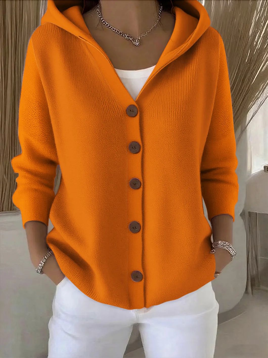 Darienne | Cardigan a Maglia con Cappuccio e Bottoni