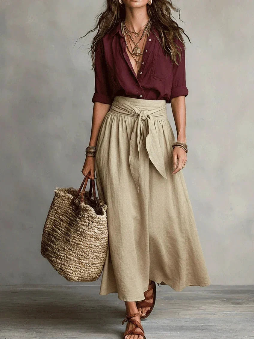 Completo Elegante di Due Pezzi con Blusa Nera e Gonna Midi