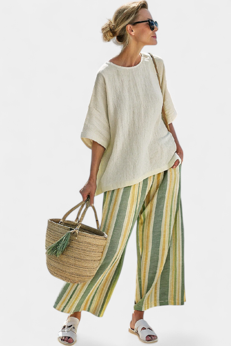 Ellowyn | Top Sofisticato e Pantaloni in Lino a Righe