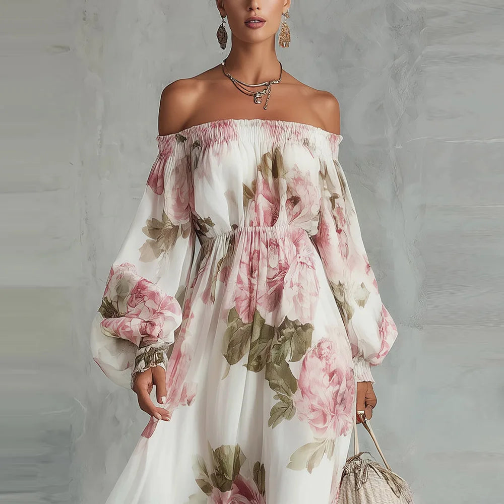 PEONIA | Abito Maxi Floreale Off Shoulder con Maniche Lunghe