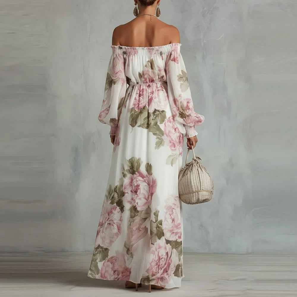 PEONIA | Abito Maxi Floreale Off Shoulder con Maniche Lunghe