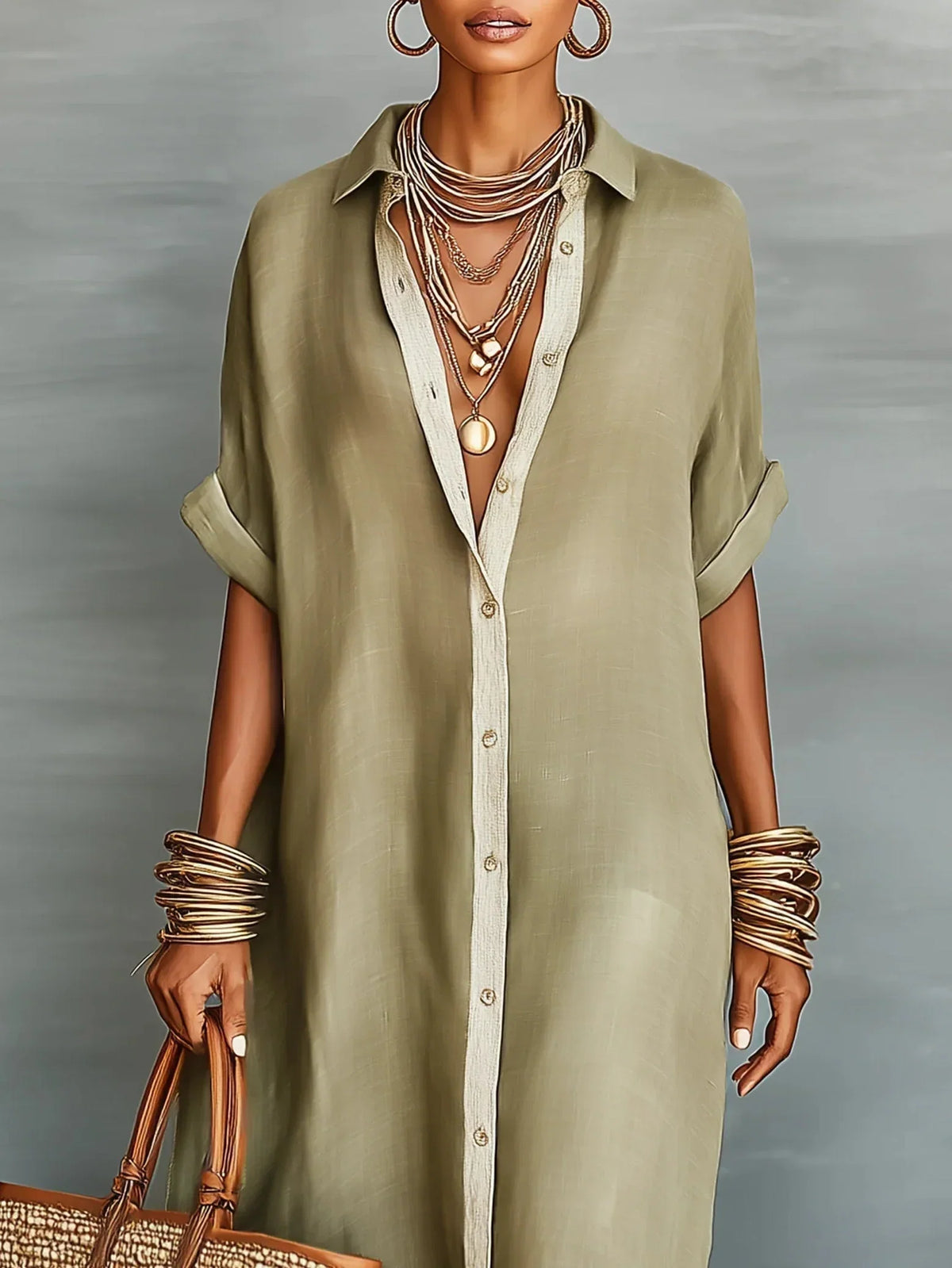 Megan Vestito Maxi Verde Oliva con Linee Minimaliste