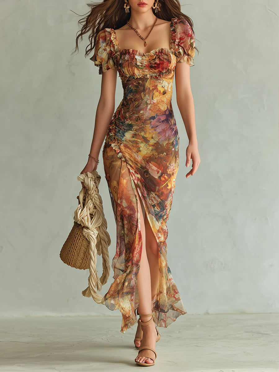 Abito Maxi in Chiffon Arancione Stampa ad Olio — Lucia Toscana (1)