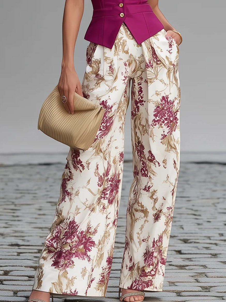 Set Canotta Senza Maniche Rosa e Pantaloni Larghi Stampati a Fiori
