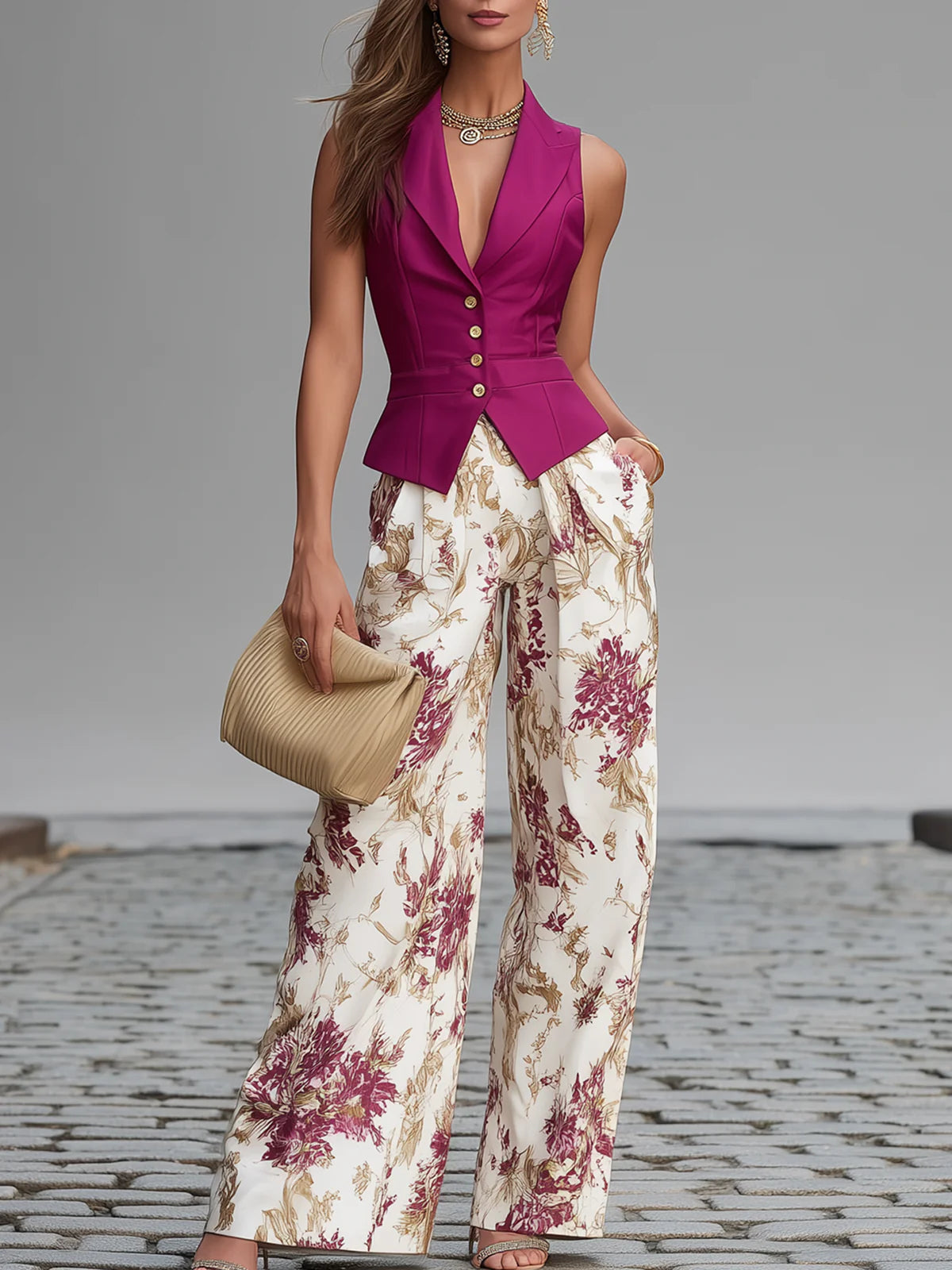 Set Gilet Rosa e Pantaloni Ampi a Fiori — Lucia Toscana (1)