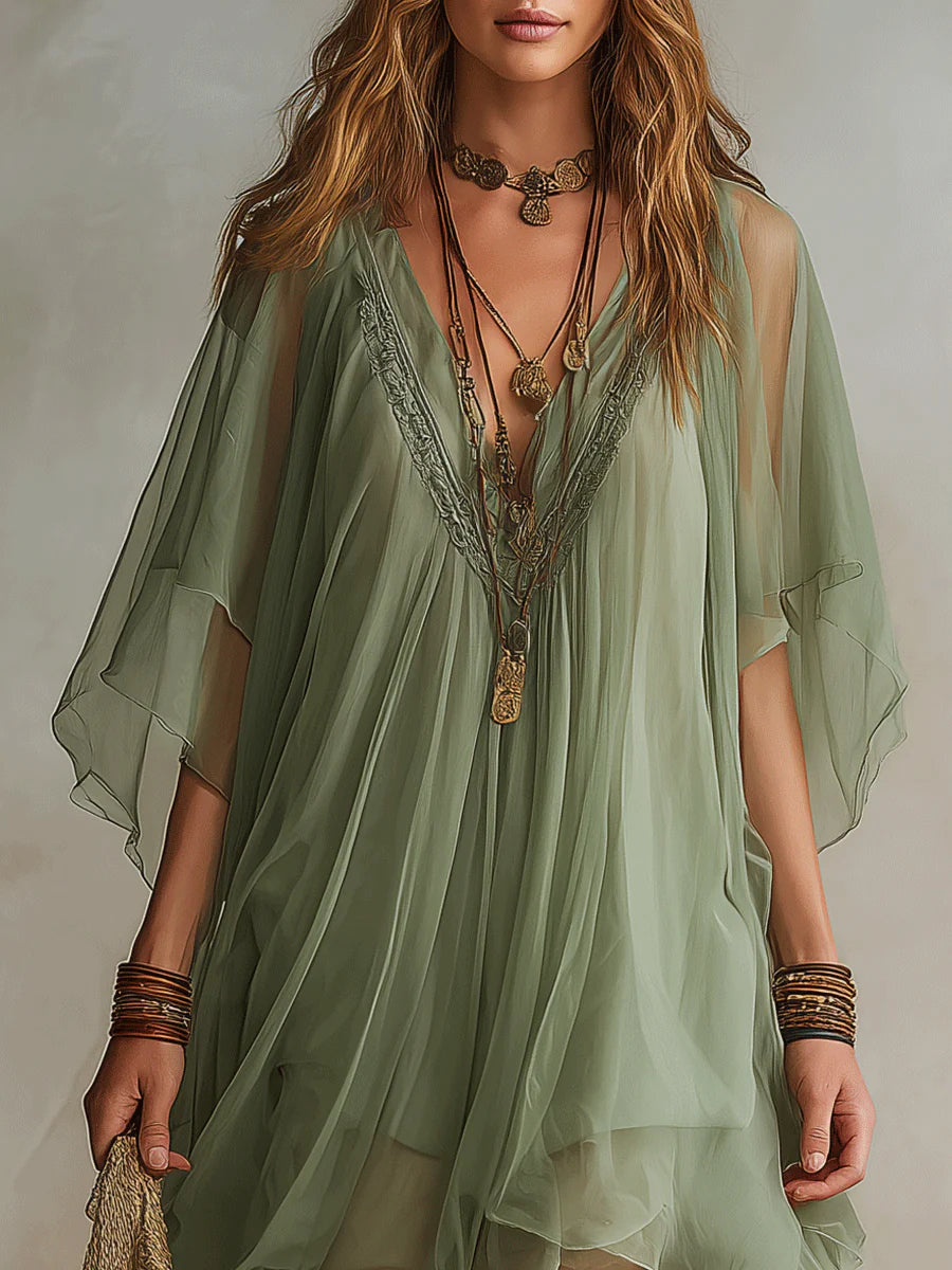 Abito Mini Fluttuante a V in Chiffon Verde