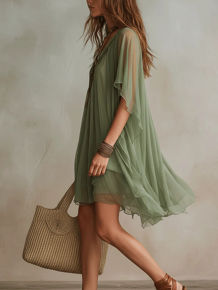 Abito Mini Fluttuante a V in Chiffon Verde
