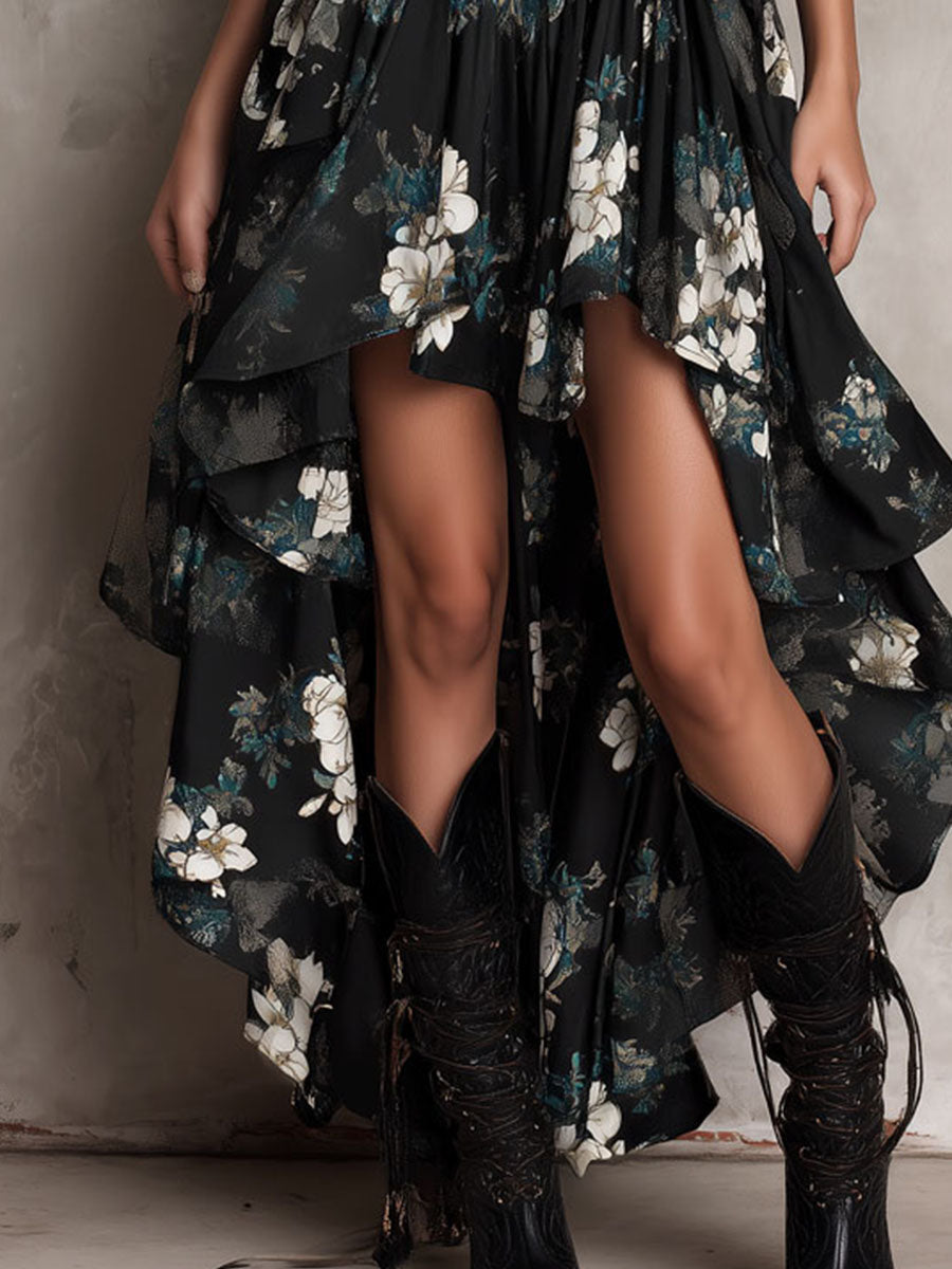 Abito Maxi Senza Spalline con Stampa Floreale Nera — Lucia Toscana (9)