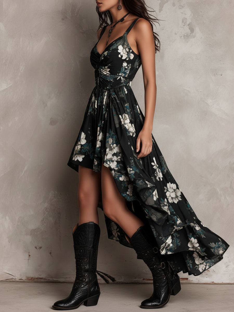 Abito Maxi Senza Spalline con Stampa Floreale Nera — Lucia Toscana (7)