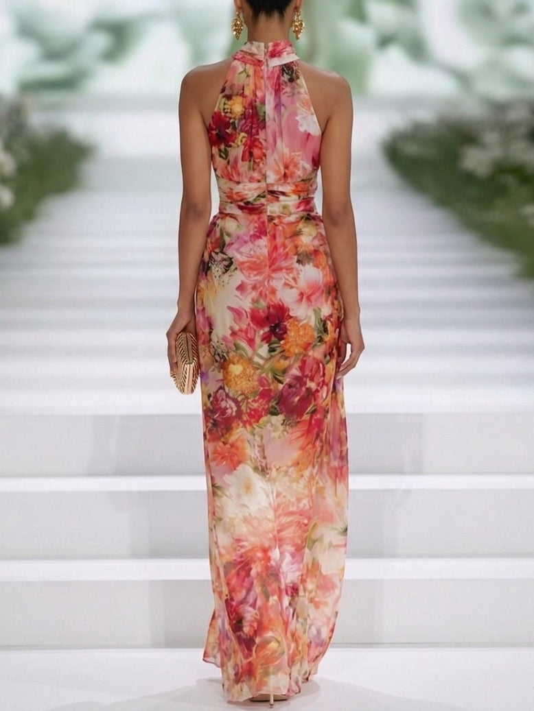 Abito Maxi Senza Maniche in Chiffon Rosso con Scollo All'Americana