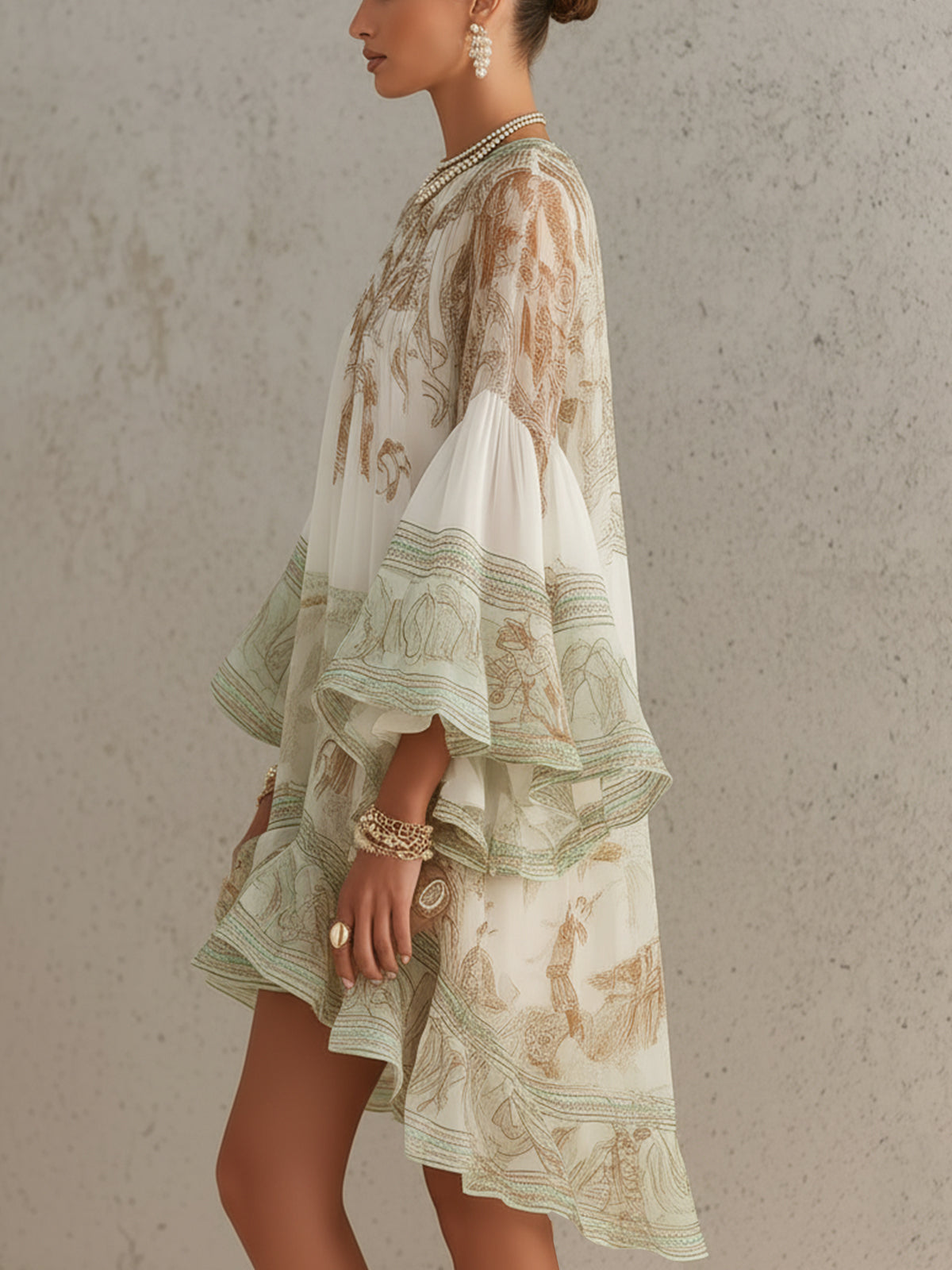 Rosalie | Abito Mini in Mousseline con Maniche a Volant e Orlo a Righe Verde