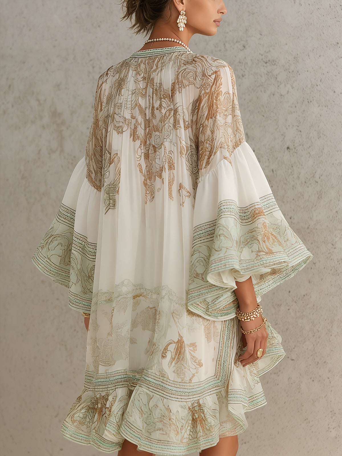 Rosalie | Abito Mini in Mousseline con Maniche a Volant e Orlo a Righe Verde