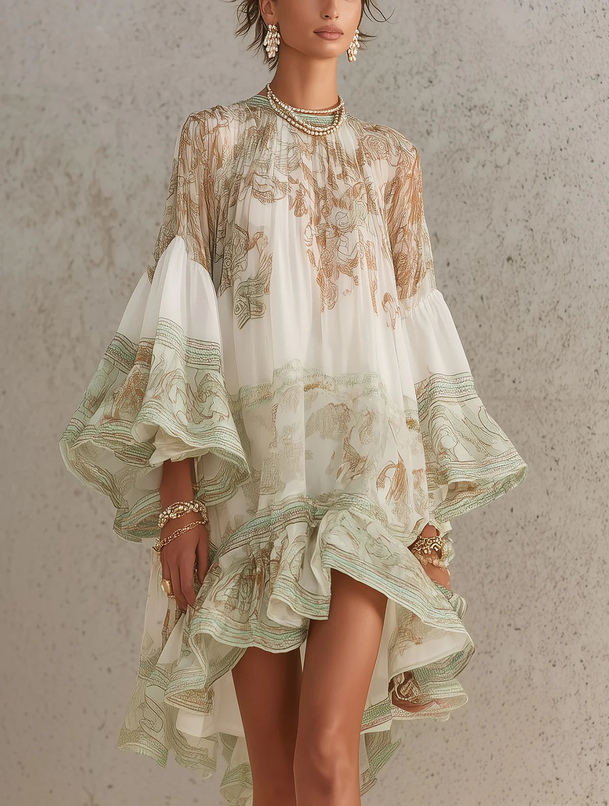 Rosalie | Abito Mini in Mousseline con Maniche a Volant e Orlo a Righe Verde