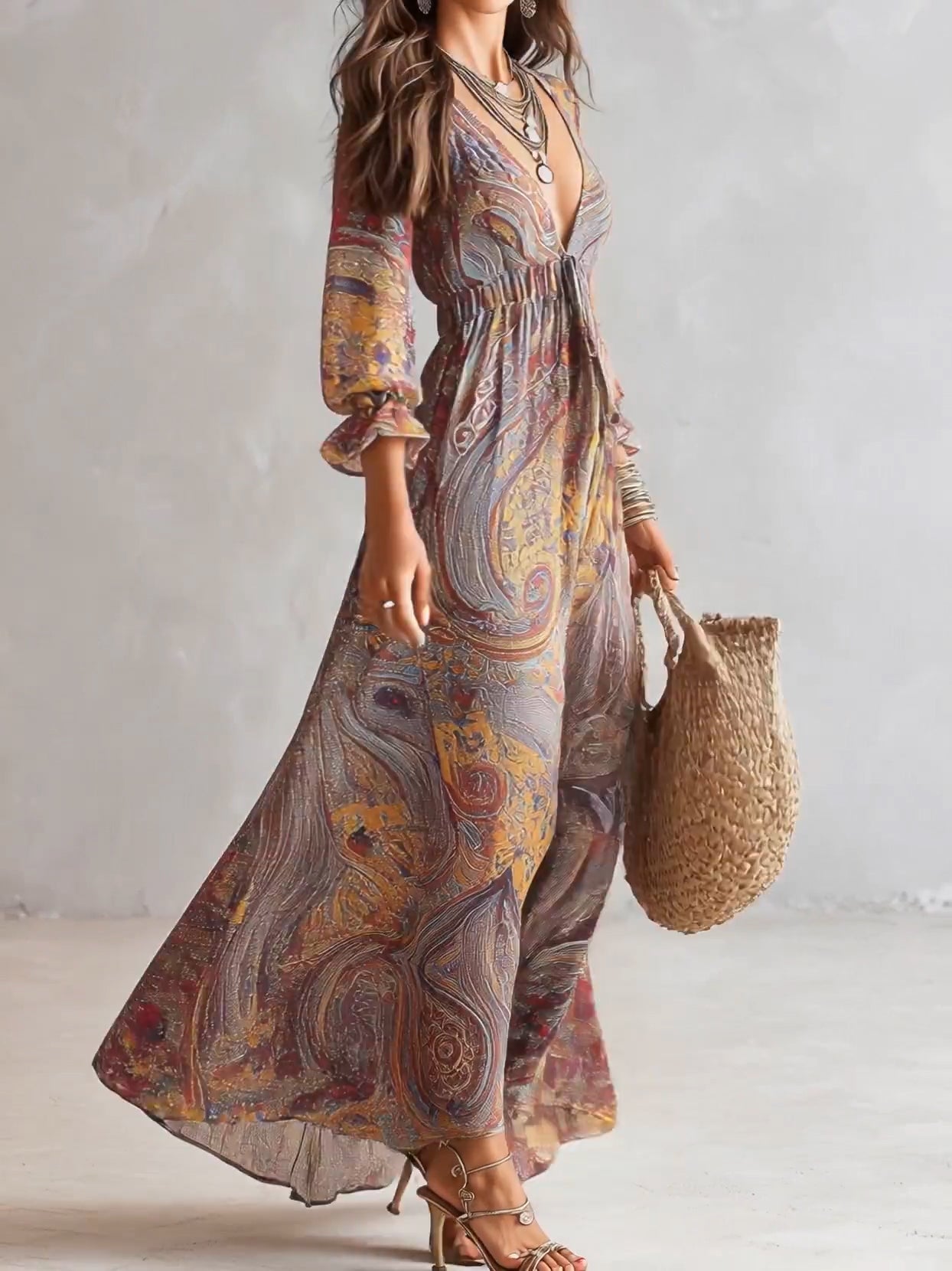 Abito Maxi in Chiffon con Stampa Paisley e Scollo a V — Lucia Toscana (2)
