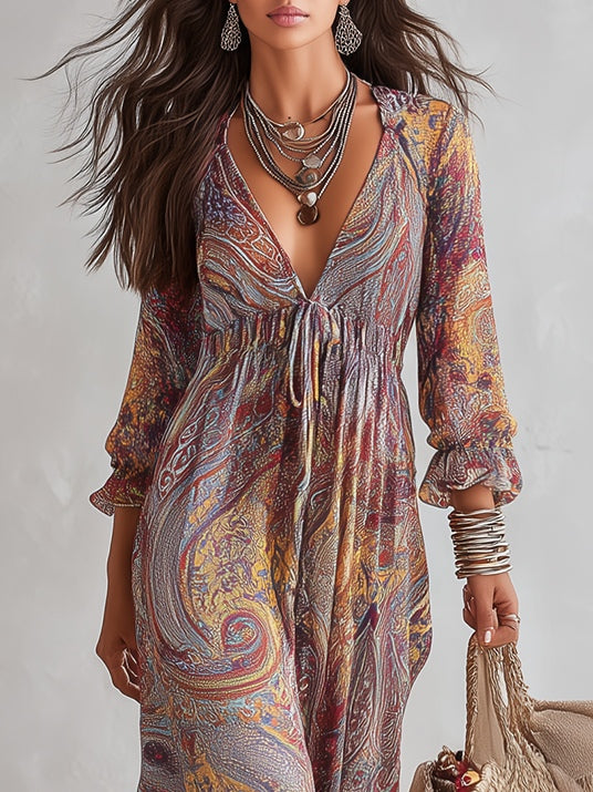 Abito Maxi in Chiffon con Stampa Paisley e Scollo a V — Lucia Toscana (4)