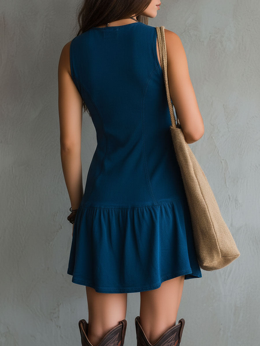 Abito Mini Senza Maniche V-Neck Button-Down in Indigo Bohemien