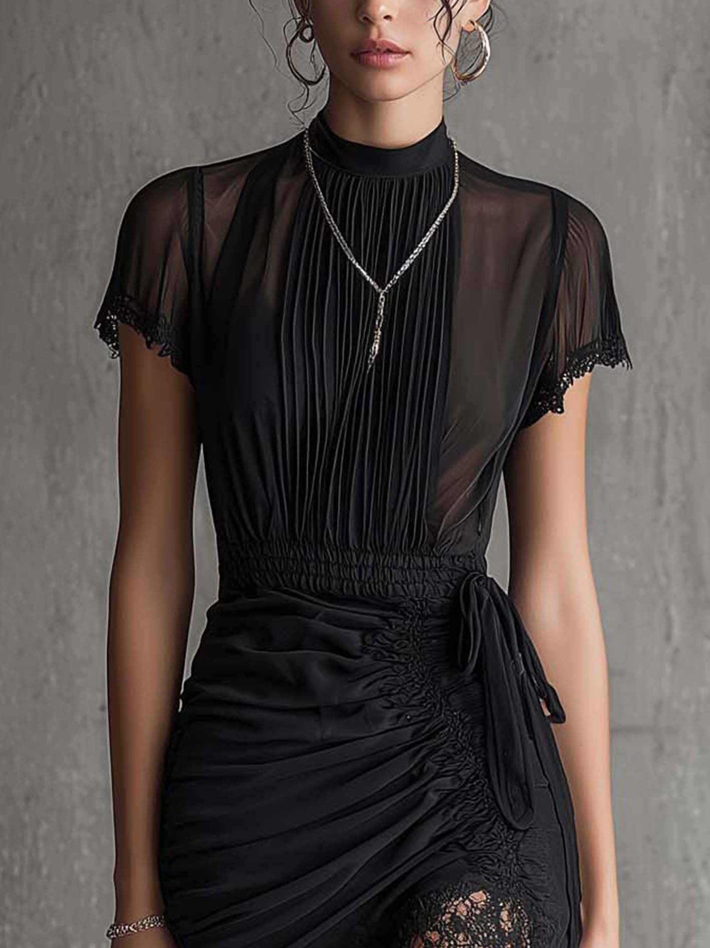Abito Mini in Chiffon Nero con Vita Plissettata — Lucia Toscana (4)
