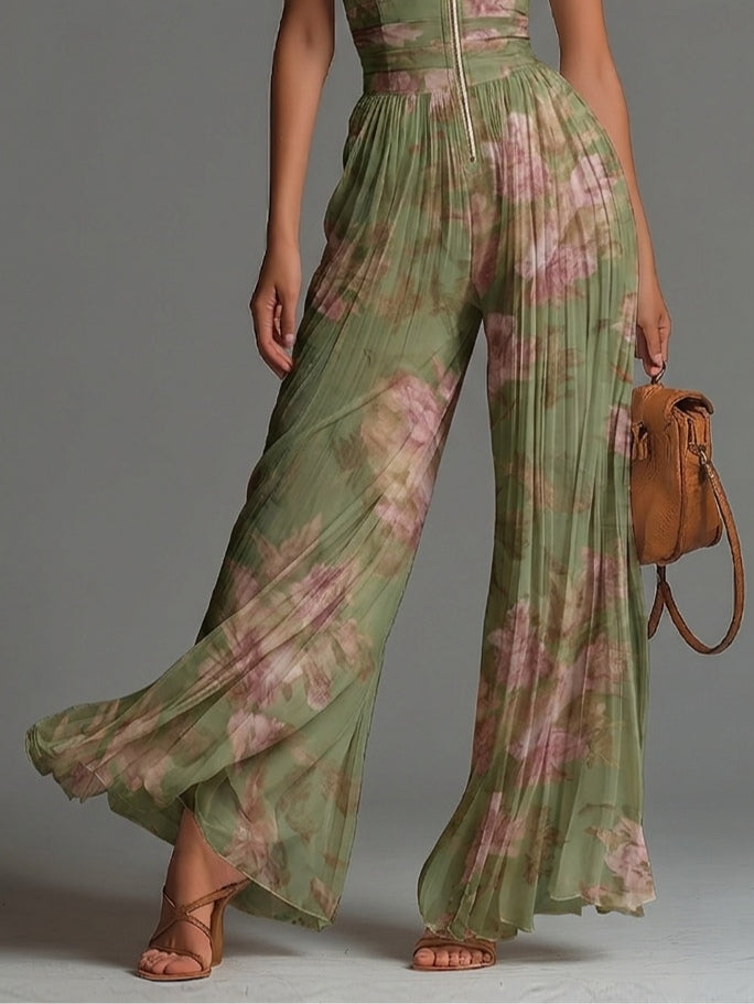 Tuta in Chiffon Verde Floreale Senza Maniche con Zip — Lucia Toscana (4)