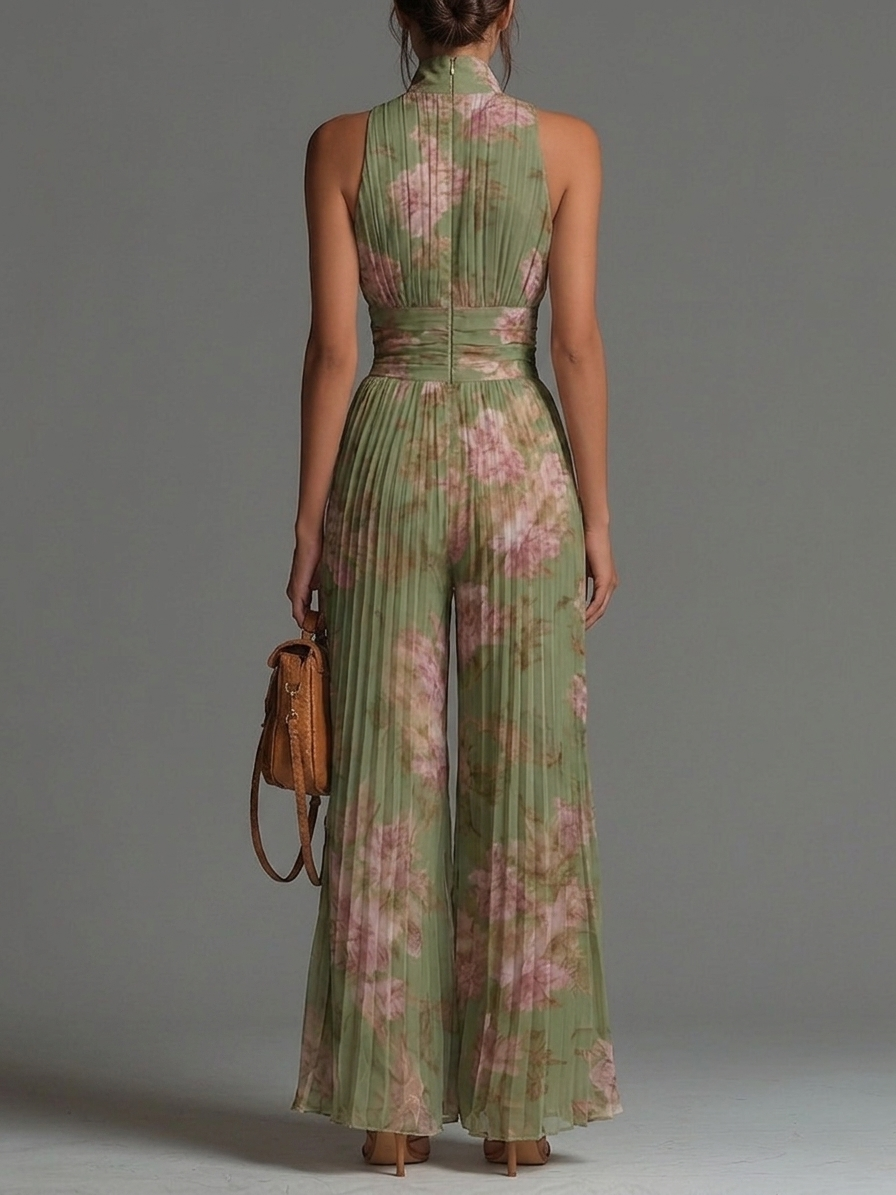 Tuta in Chiffon Verde Floreale Senza Maniche con Zip — Lucia Toscana (2)