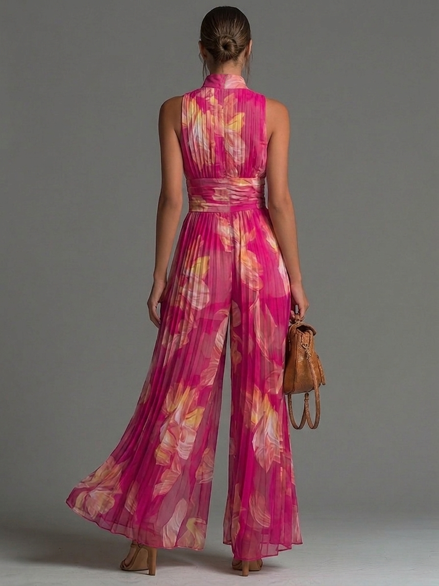 Tuta in Chiffon senza Maniche con Stampa Floreale Fucsia e Pieghe a Gamba Larga