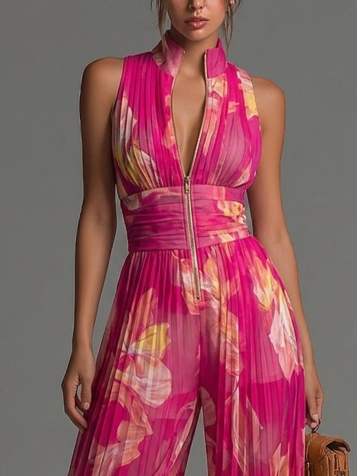 Tuta in Chiffon senza Maniche con Stampa Floreale Fucsia e Pieghe a Gamba Larga