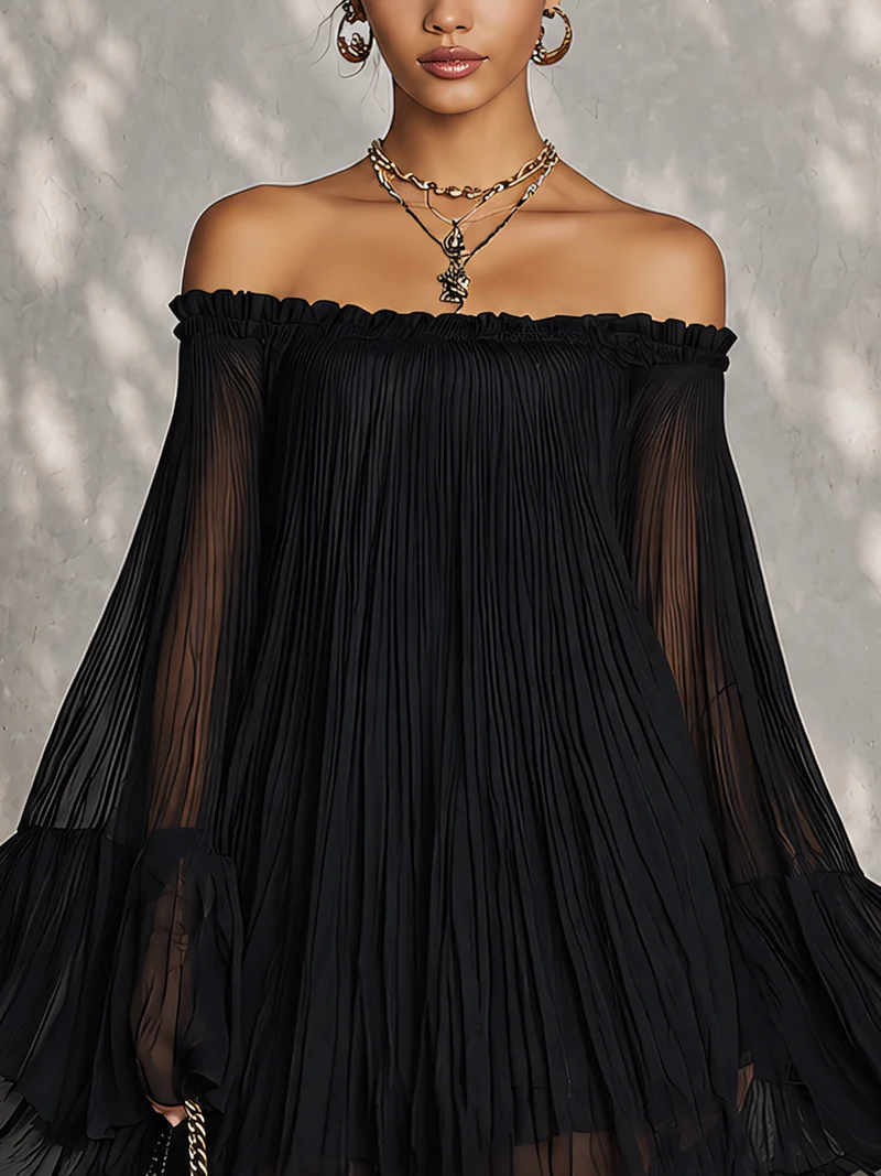 Vestito Mini con Maniche a Campana Ruffle Nero Off-shoulder