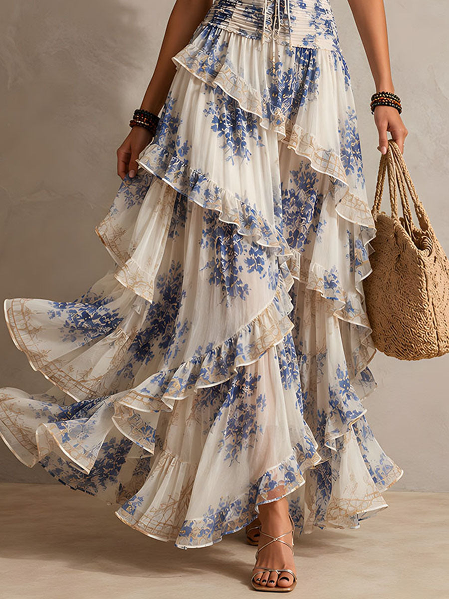 Abito Maxi Ruffle con Scollo a Halter e Stampa Floreale Blu e Bianca