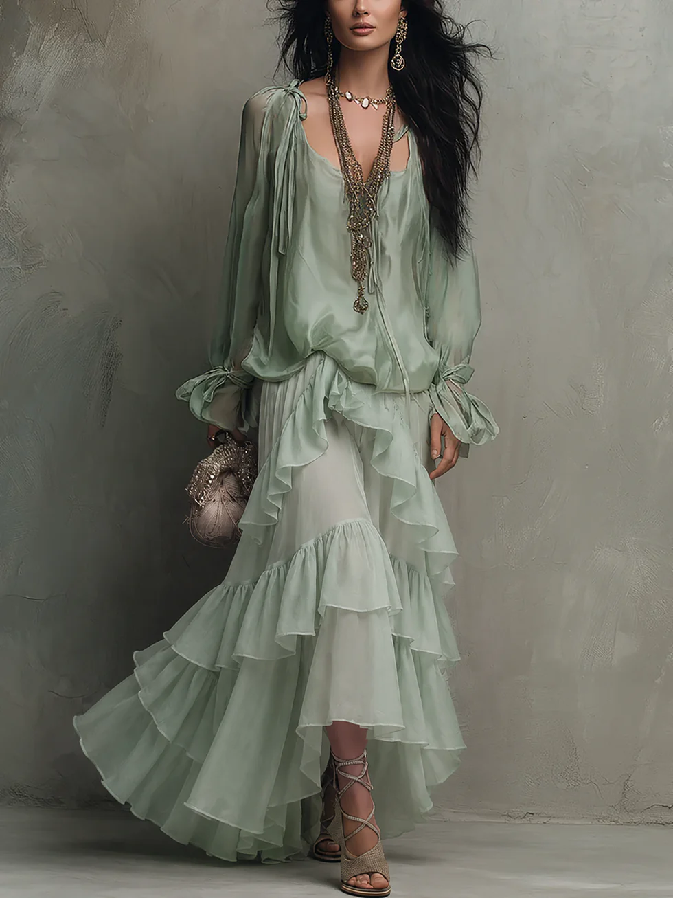 Top in Chiffon Verde Menta con Ruches Abbinato a un Set di Gonna a Strati