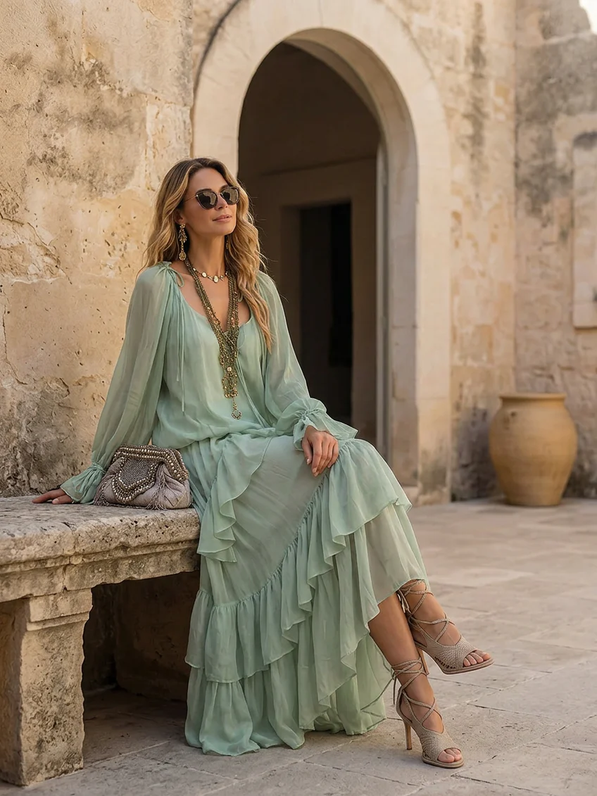 Top in Chiffon Verde Menta con Ruches Abbinato a un Set di Gonna a Strati
