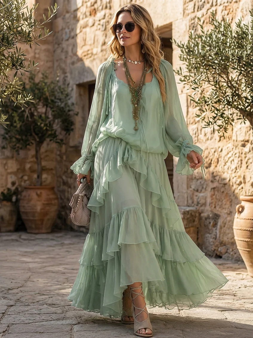 Top in Chiffon Verde Menta con Ruches Abbinato a un Set di Gonna a Strati