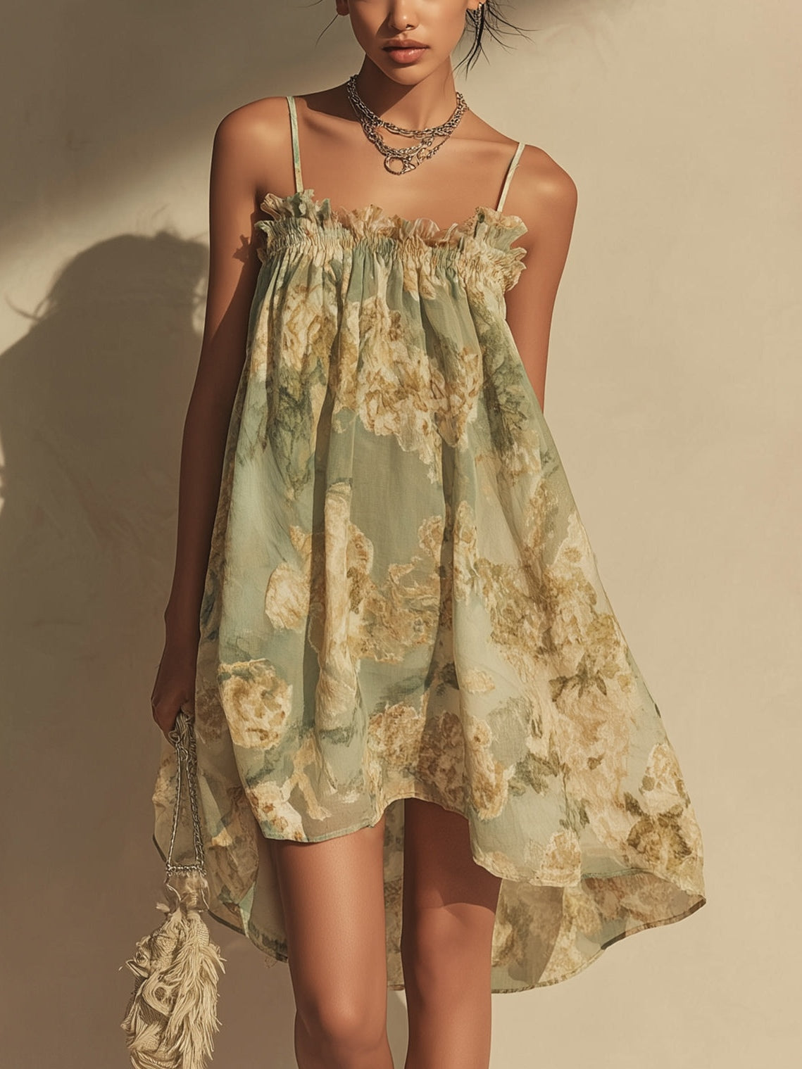 Vestito Irregolare in Chiffon Verde a Fiori con Rouches