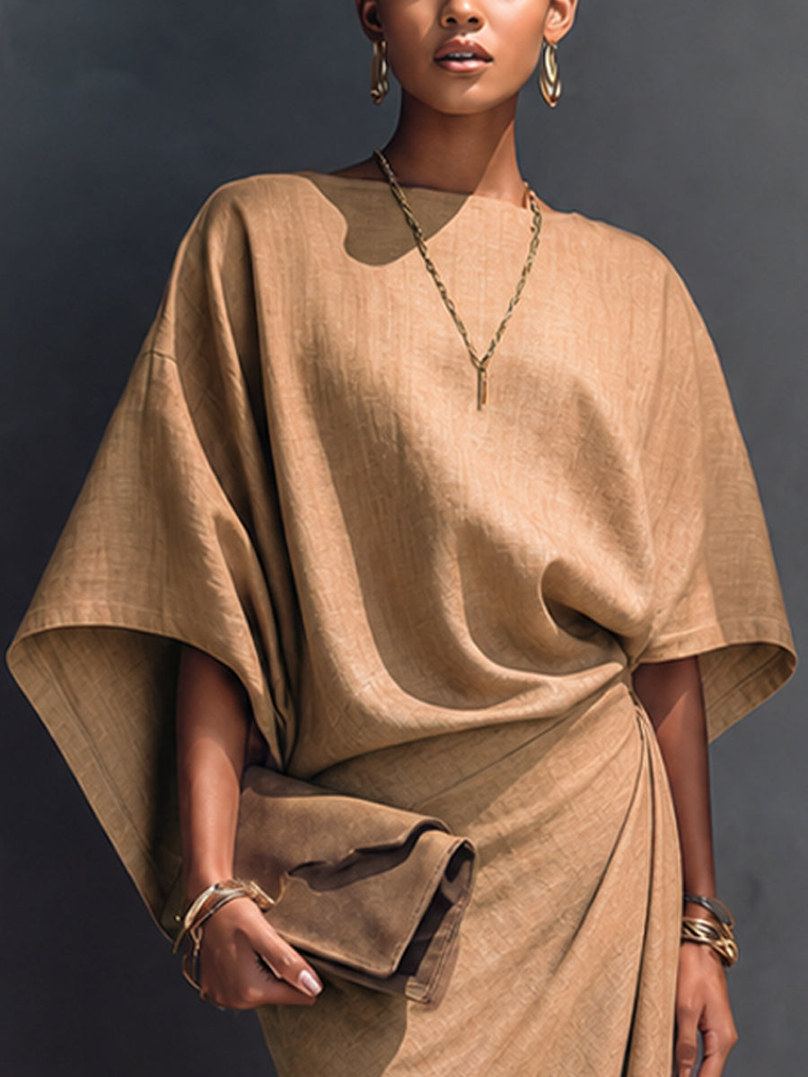 Abito Midi Asimmetrico Drappeggiato Color Khaki con Maniche Corte
