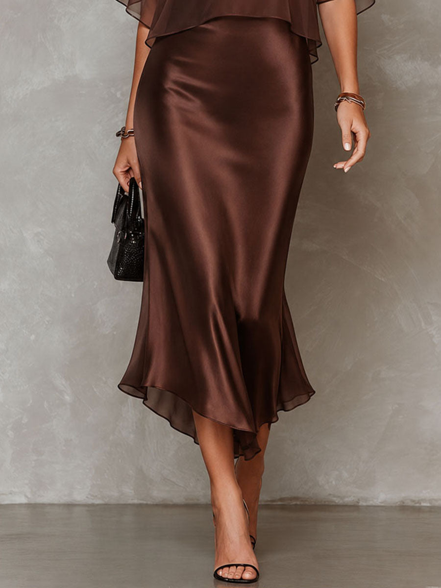 Set di Due Pezzi: Blusa in Chiffon Marrone e Abito Midi in Satin