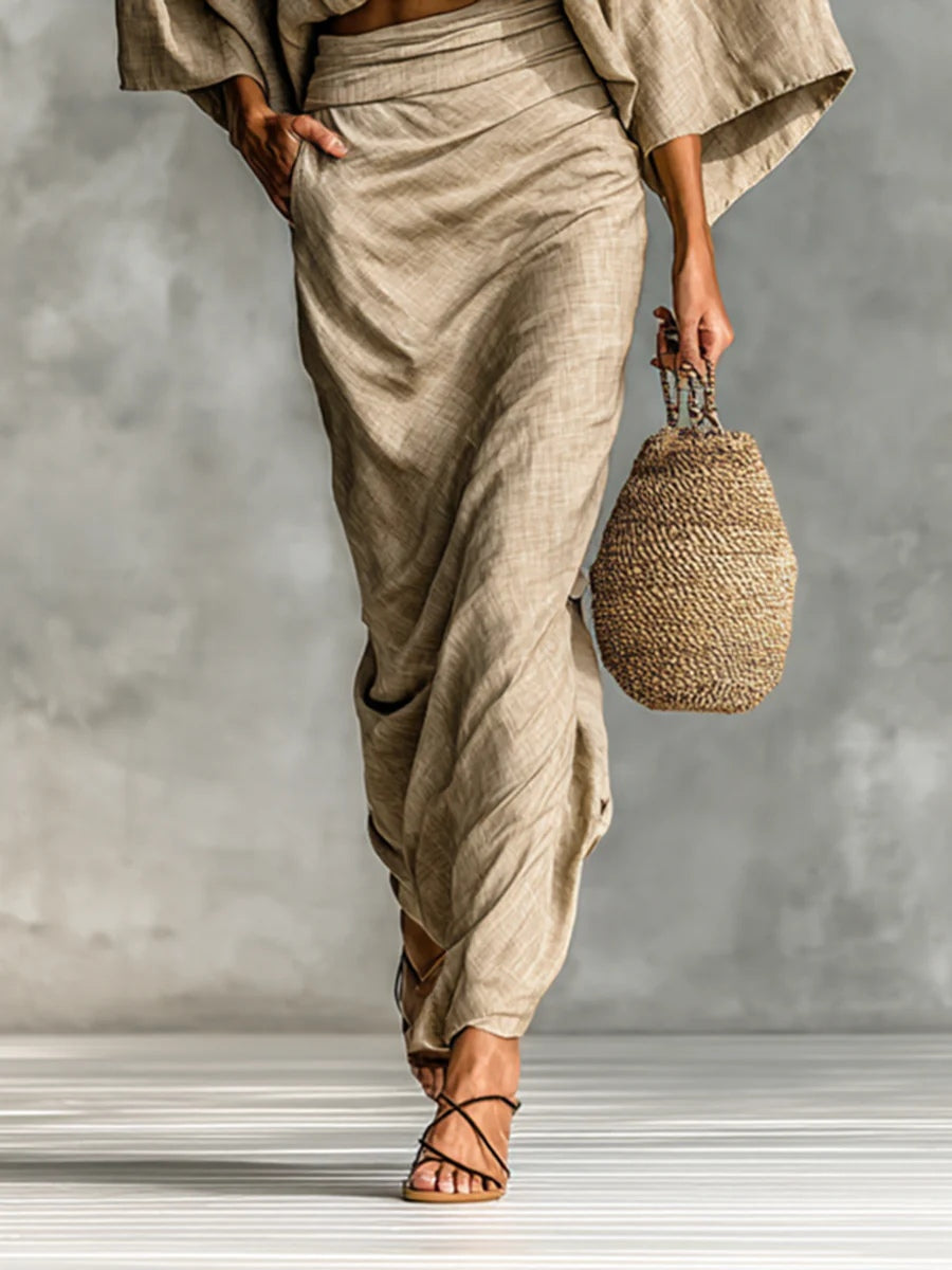 WILLOW | Set di Due Pezzi Beige con Top a Manica A Pipistrello e Gonna Lunga per un'Eleganza Senza Sforzo