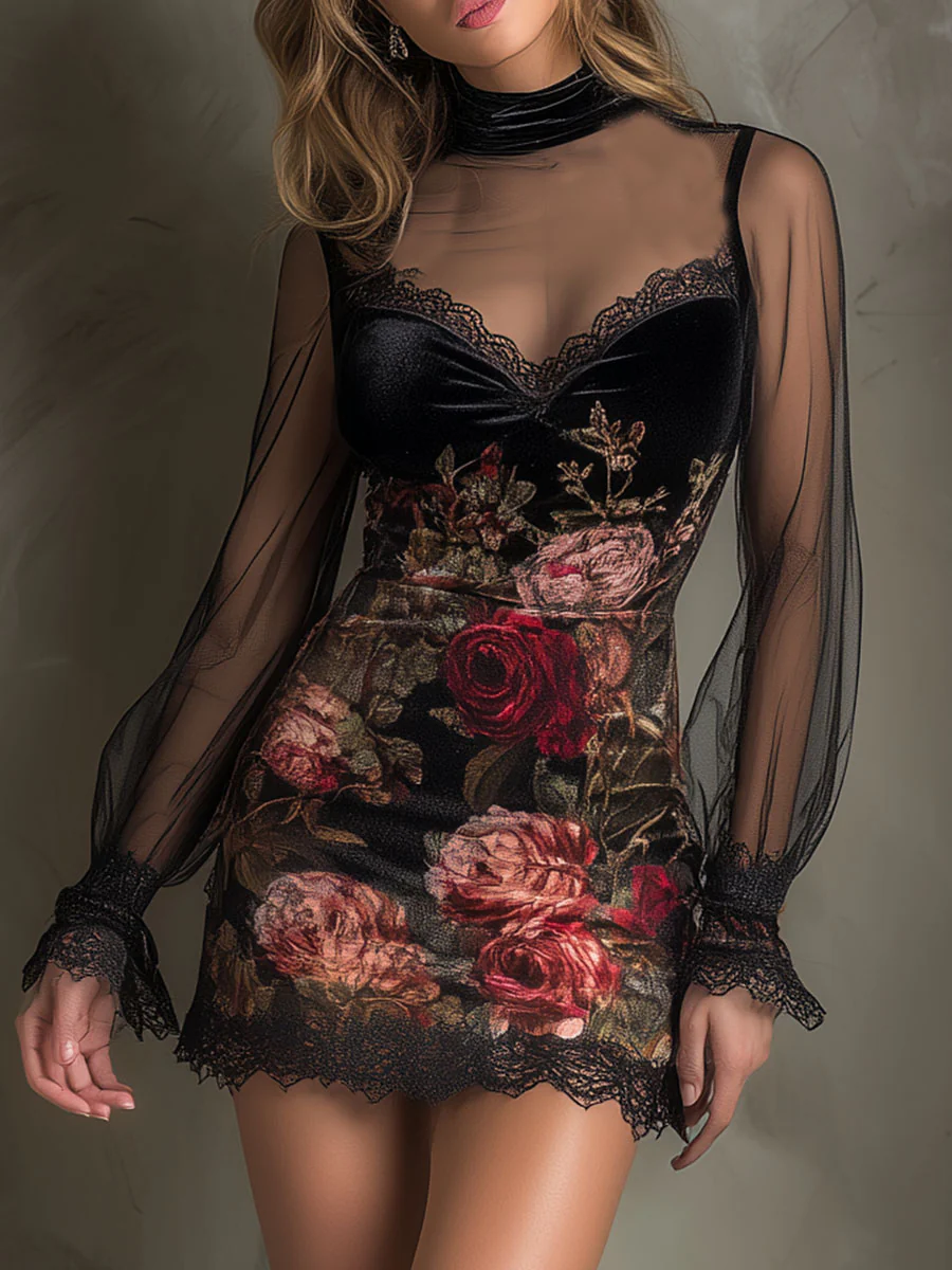 Églantine | Mini Abito in Tulle, Stampa Rose e Pizzo
