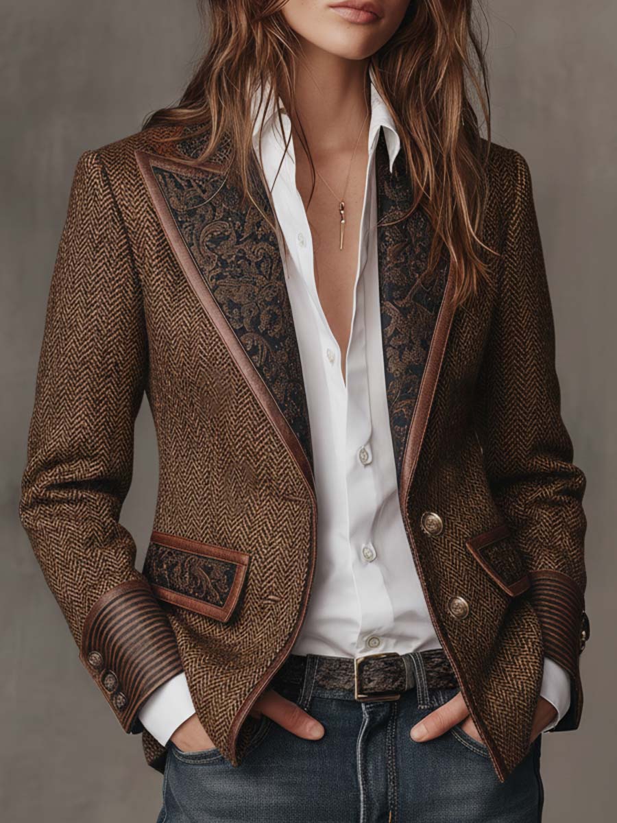 Blazer Donna con Pannello Stampato a Spina di Pesce