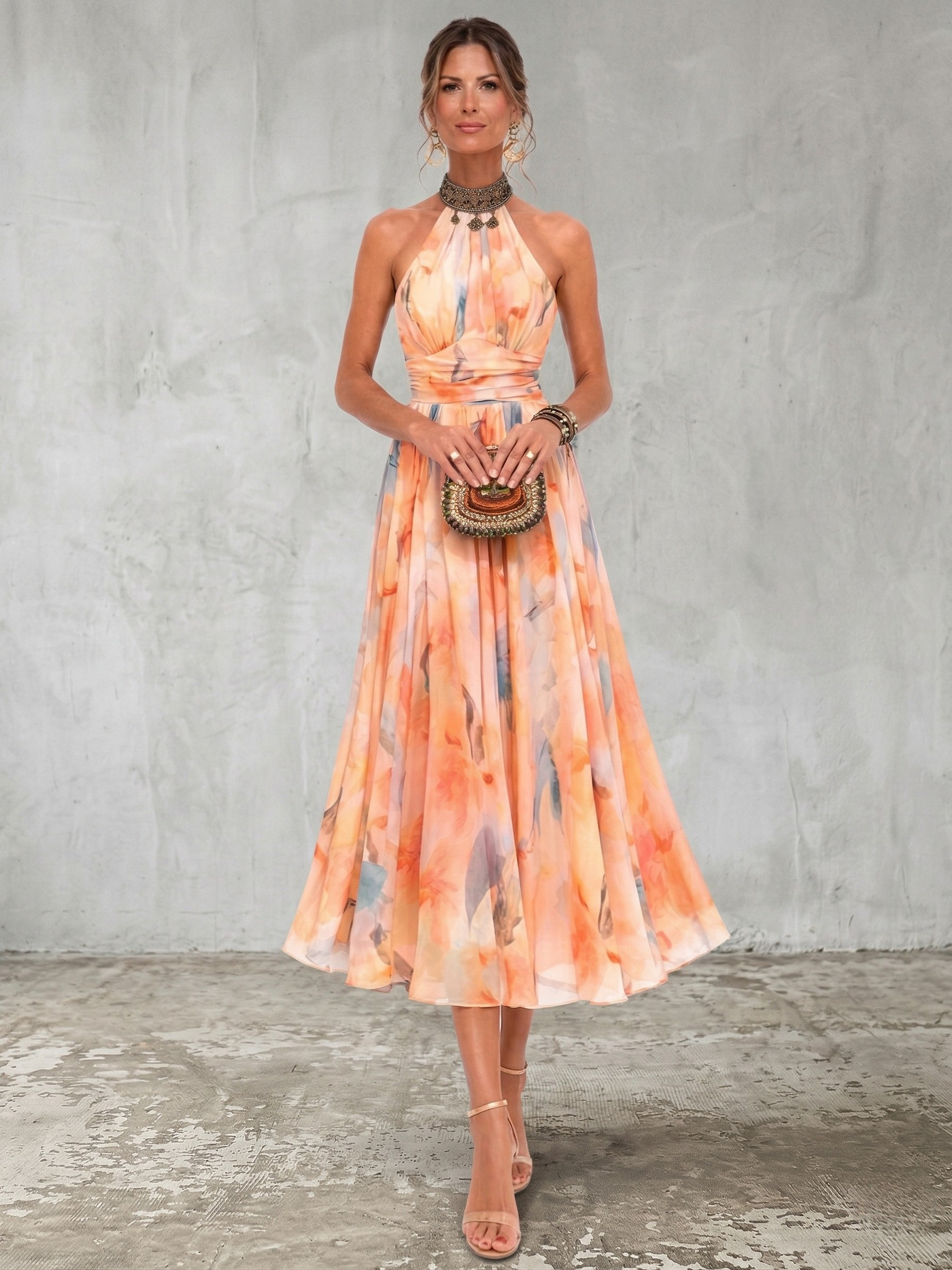 Auroraâ„¢ | Abito con Scollo Halter e Stampa Acquerello