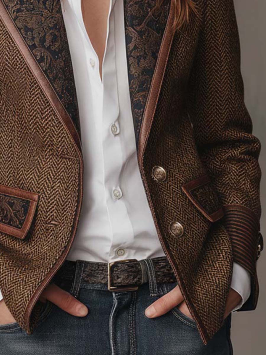 Blazer Donna con Pannello Stampato a Spina di Pesce