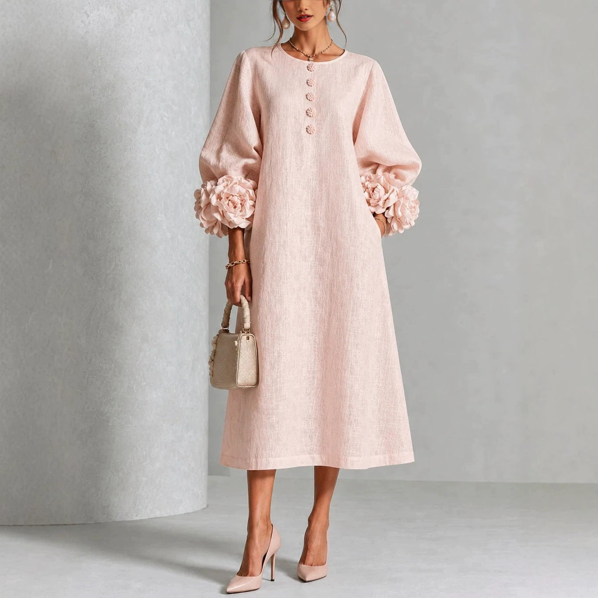 IVY | Abito Midi Floreale con Maniche a Cuffia a Rosa
