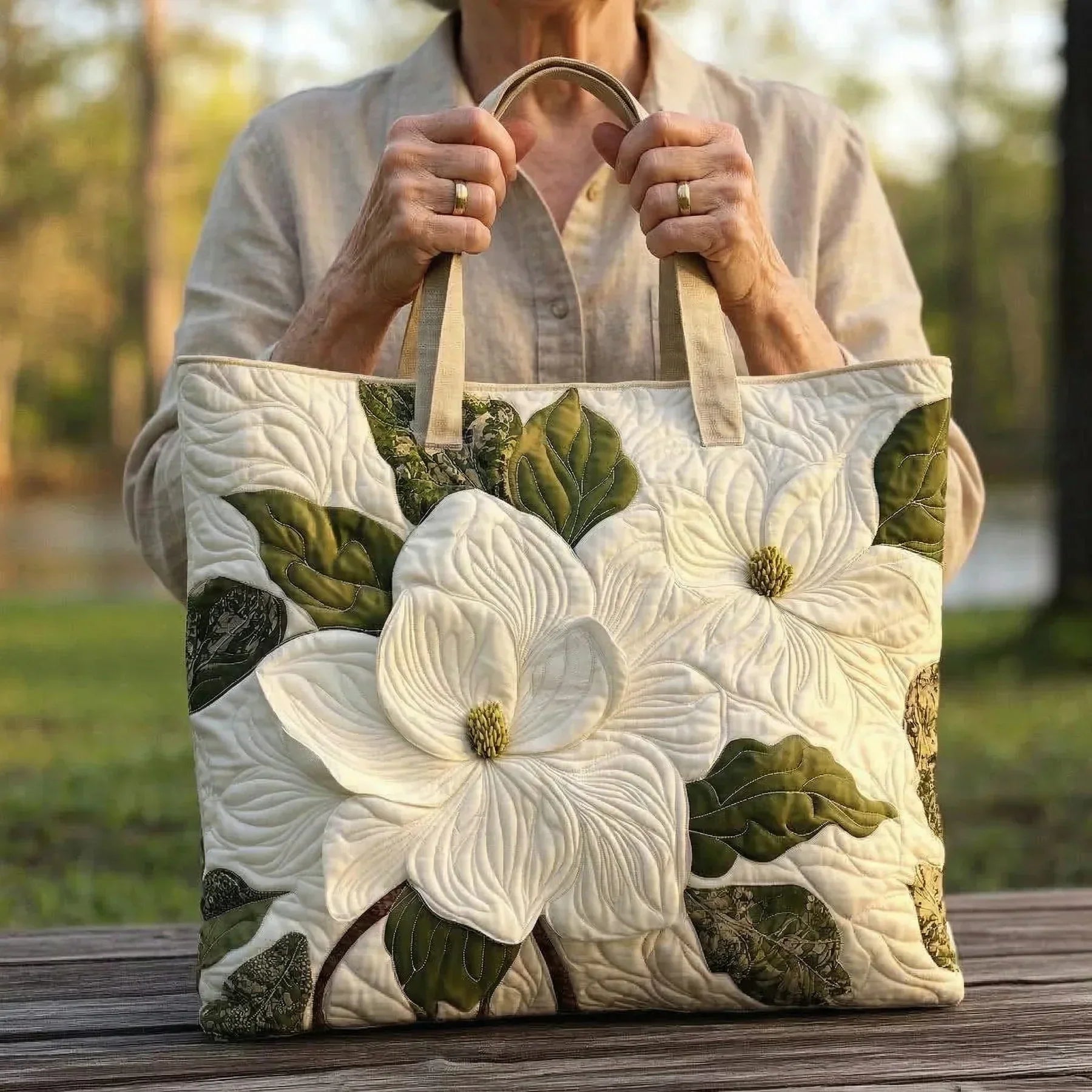 Borsa Artigianale Imbottita - Eleganti Gigli Bianchi
