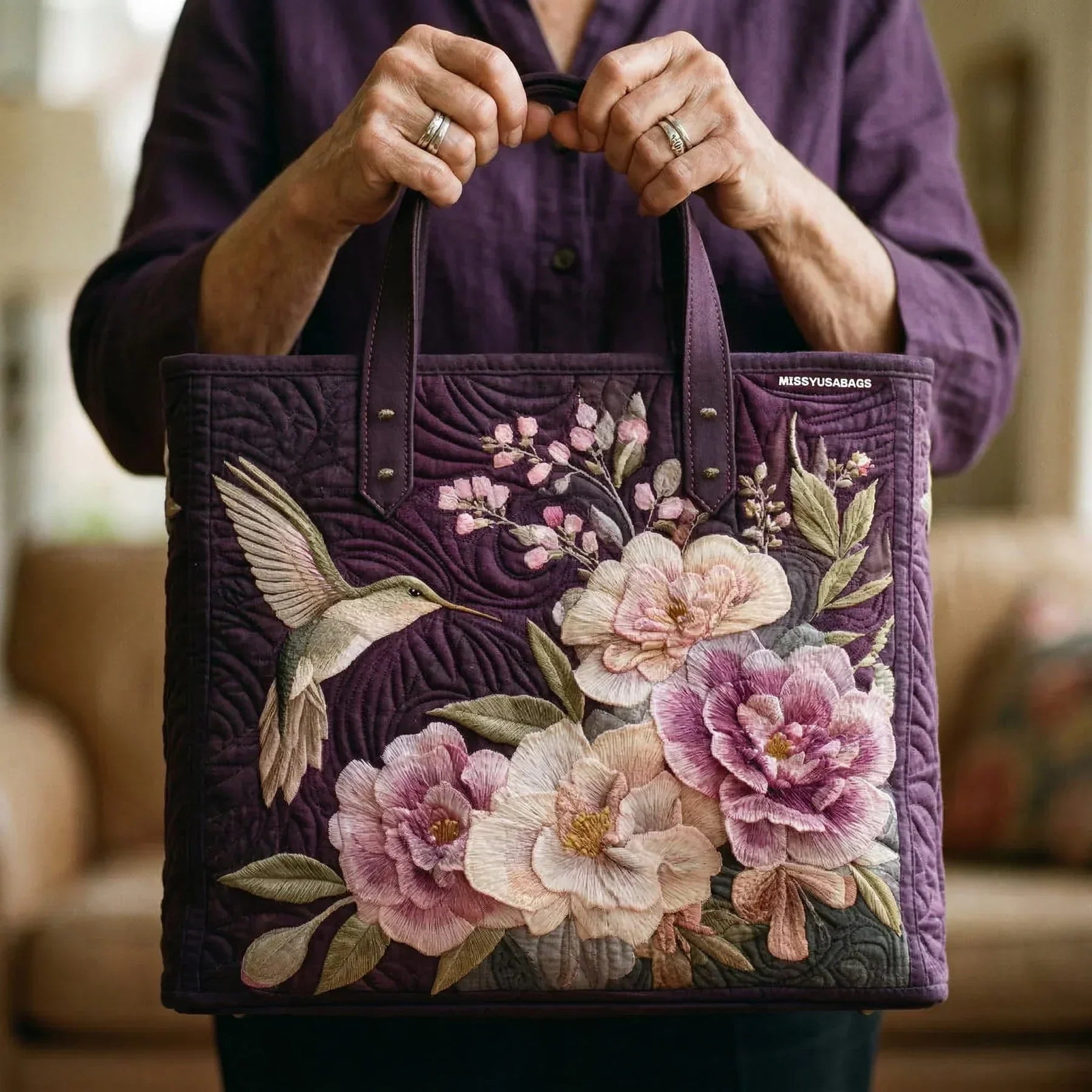 Borsa Artigianale Matelassé - Colibrì e Orchidea