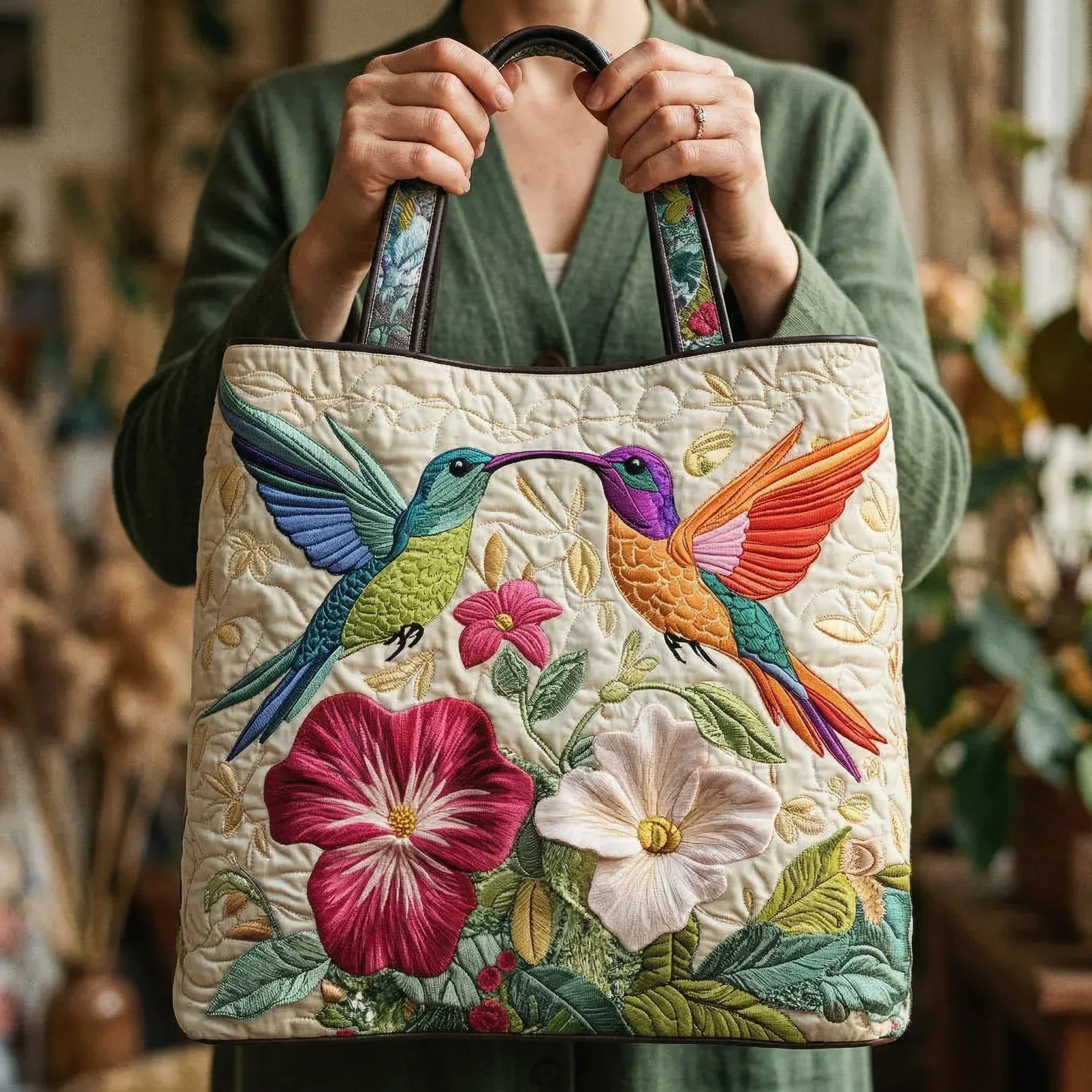 Sacca Matelassé - Colibrì e Fiori Bianchi