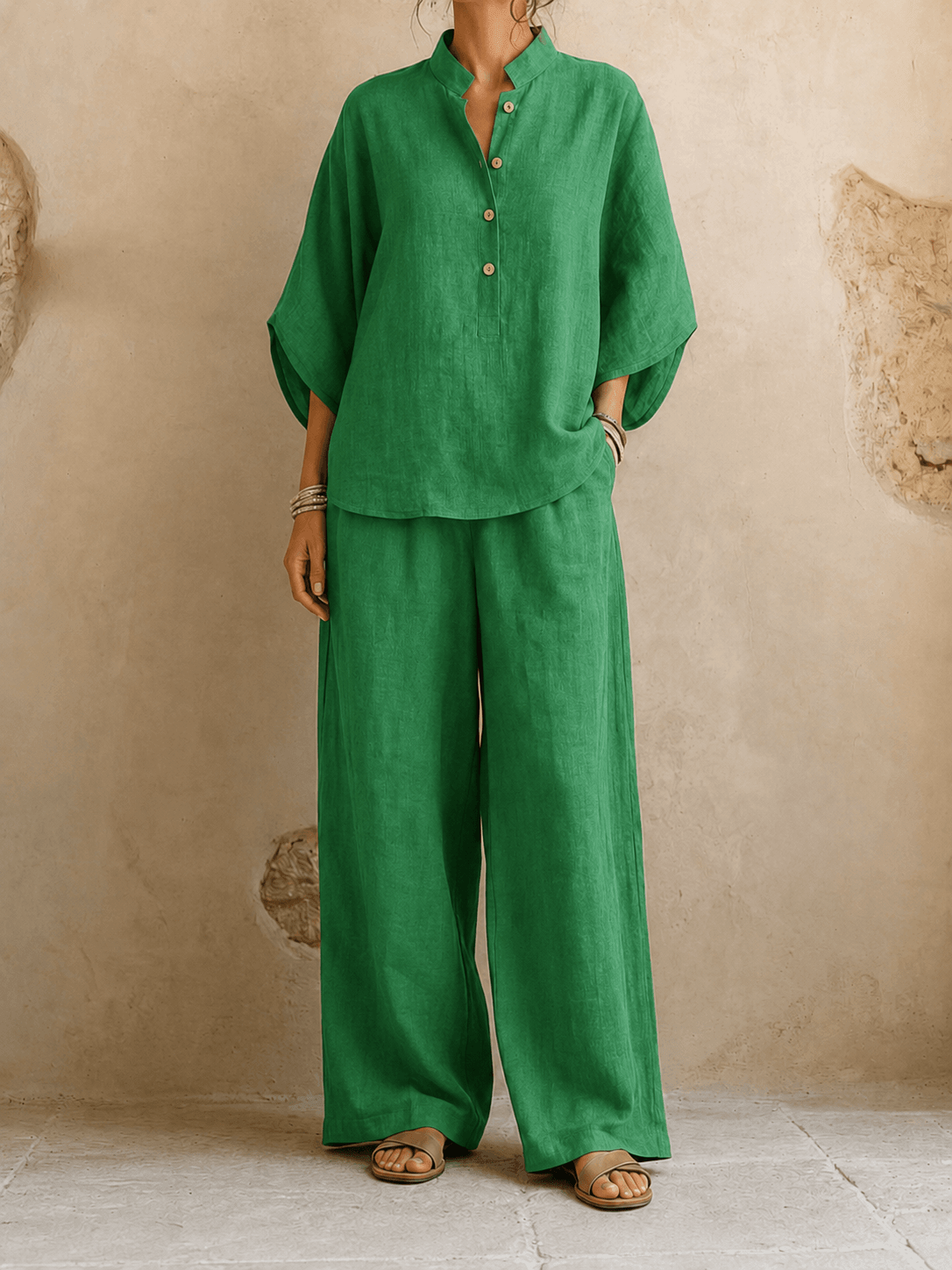 Maribel | Blusa in Lino con Maniche a Pipistrello e Pantaloni a Gamba Larga